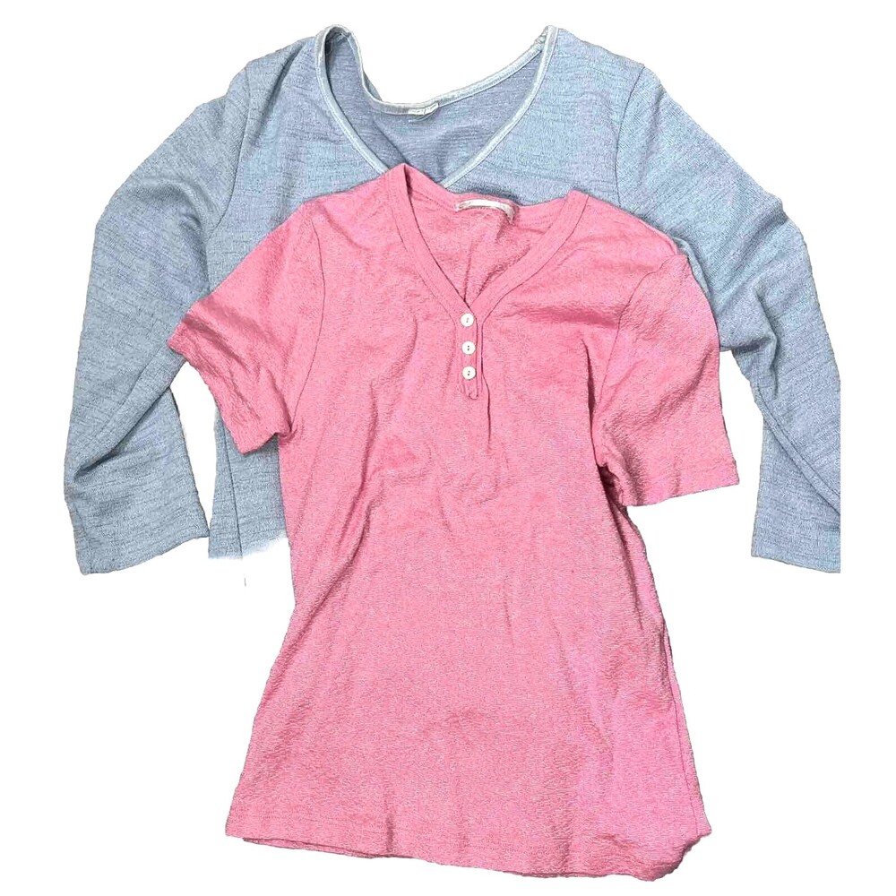 Vintage 90s Baby Tee Lot 2 Stretch Fitted Tops Pink Henley Blue V-Neck Y2K M‎